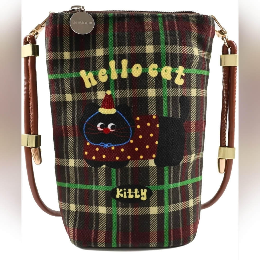 Plaid Quirky Cat Crossbody Phone Bag Botanical Boho Recycled RPET Eco-Friendly